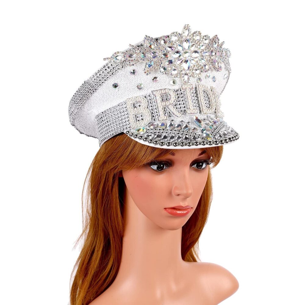 1160 Handmade Novelty Bright Glitter Bride Hat Diamond Sequin Bride Captain